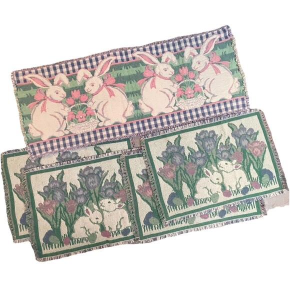 VTG Easter Woven Placemats & Runner Set Tulips Bunny Fringe Lot of 5 - Picture 1 of 12